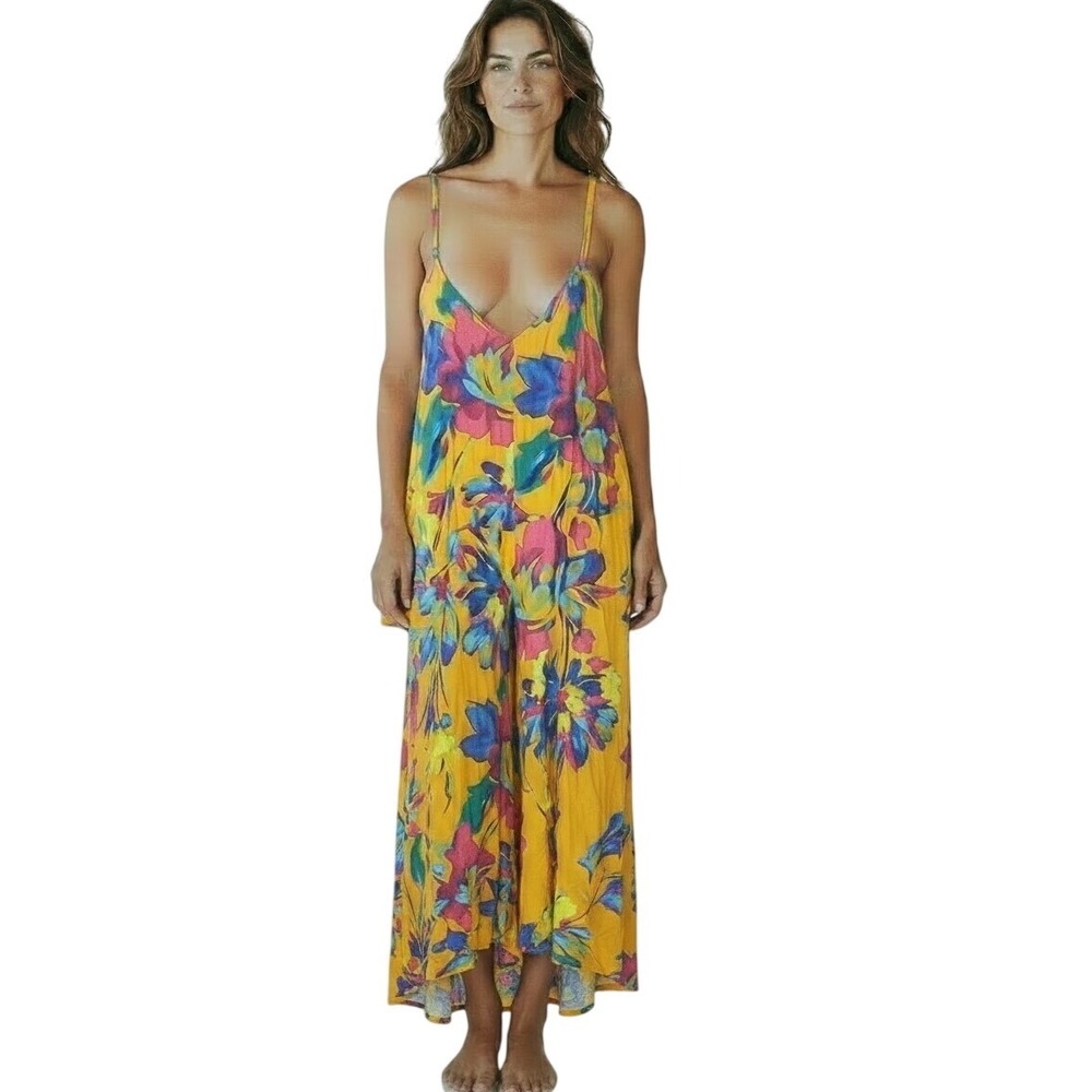 Ivy Street Womens Yellow Floral Wide Leg Jumpsuit Boho Maxi L Made in India